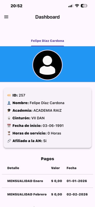 App móvil de Jhanu con el perfil de un estudiante de Taekwon-Do