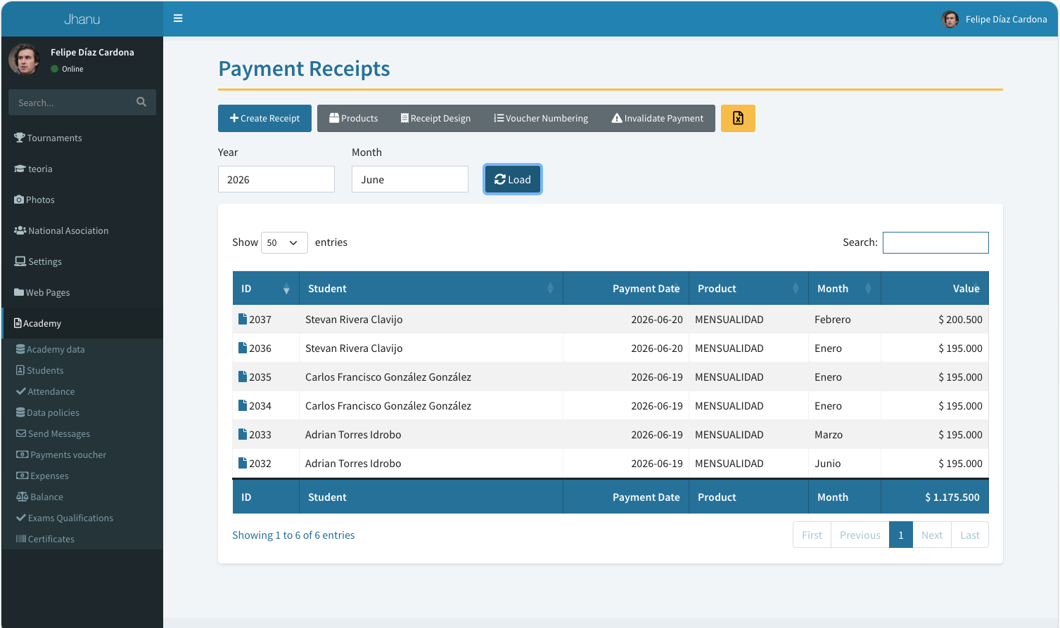 Payment receipts in Jhanu: monthly fees, gradings and products of a Taekwon-Do academy